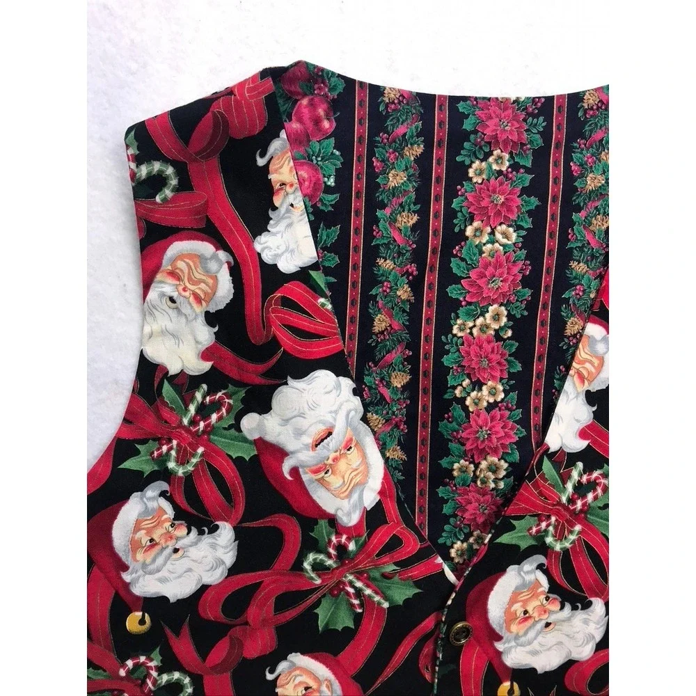 Vintage Handmade Christmas Vest Santa Poinsettia‎ Holiday Womens M Reversible